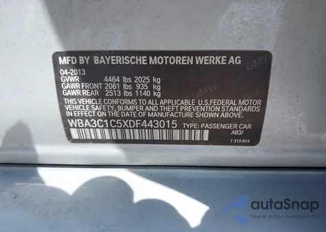 2013 BMW 328I z USA, uszkodzony, nr VIN WBA3C1C5XDF443015